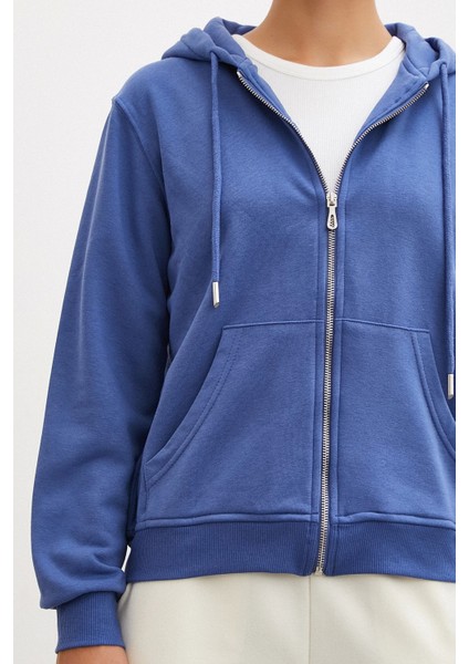Fermuarlı Kapüşonlu Sweatshirt Mavi modelleri
