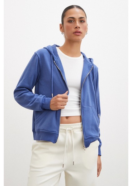 Fermuarlı Kapüşonlu Sweatshirt Mavi indirimleri