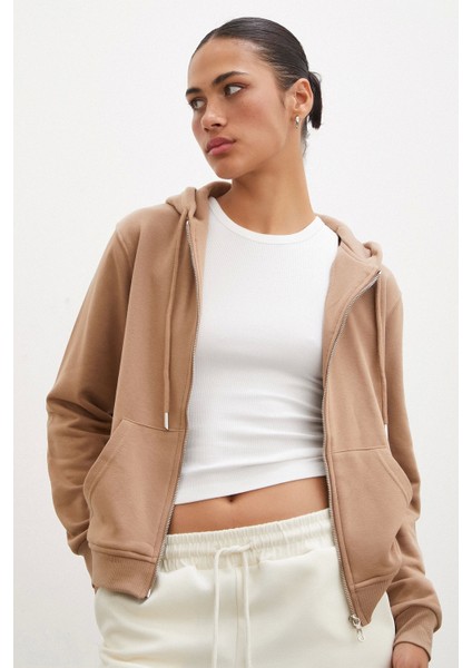 Fermuarlı Kapüşonlu Sweatshirt Kahve