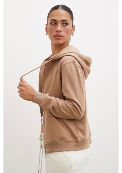 Fermuarlı Kapüşonlu Sweatshirt Kahve
