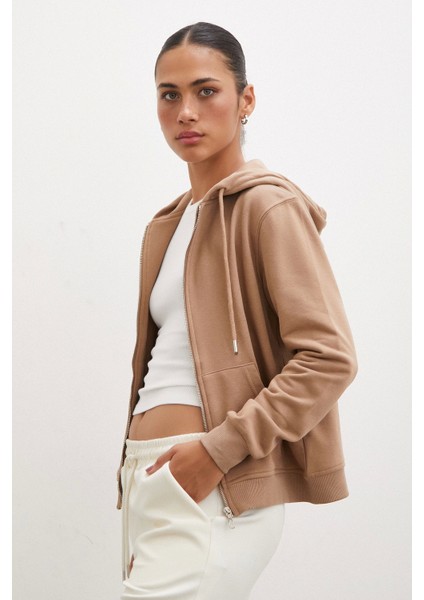 Fermuarlı Kapüşonlu Sweatshirt Kahve