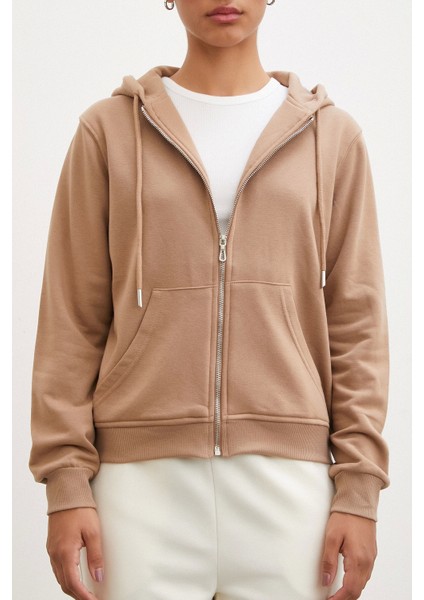 Fermuarlı Kapüşonlu Sweatshirt Kahve