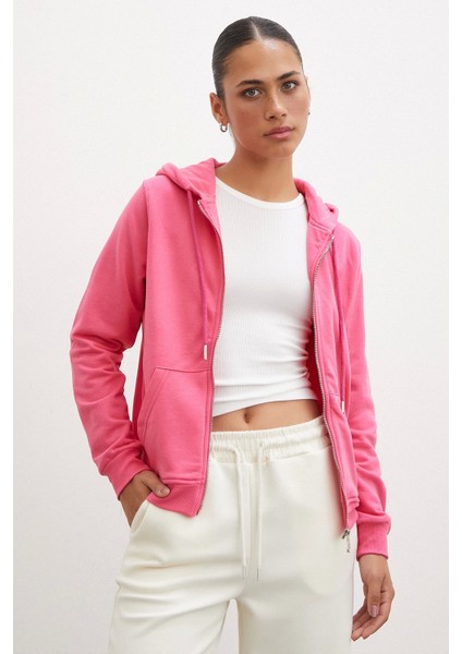 Fermuarlı Kapüşonlu Sweatshirt Pembe