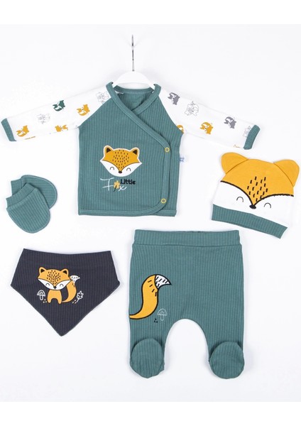 Little Fox Nakışlı 5'li % 100 Pamuk Erkek Bebek Hastane Çıkış Seti