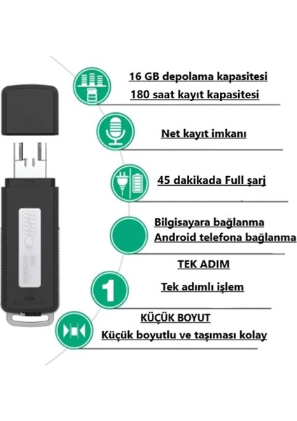 USB Flash Bellek 16 GB Yeşil Ses Kayıt Cihazı