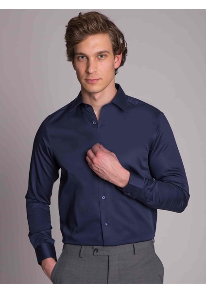 Lacivert Erkek Slim Fit Düz Gömlek-DU2999011001A