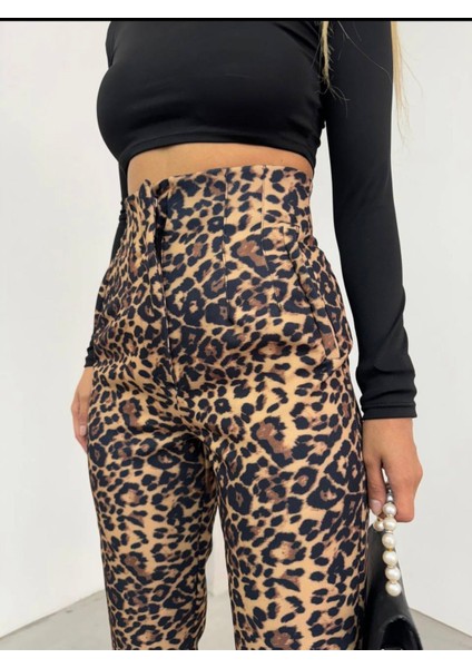 Zr Model Leopar Desenli Yüksek Bel Nervürlü Pantolon fiyatları