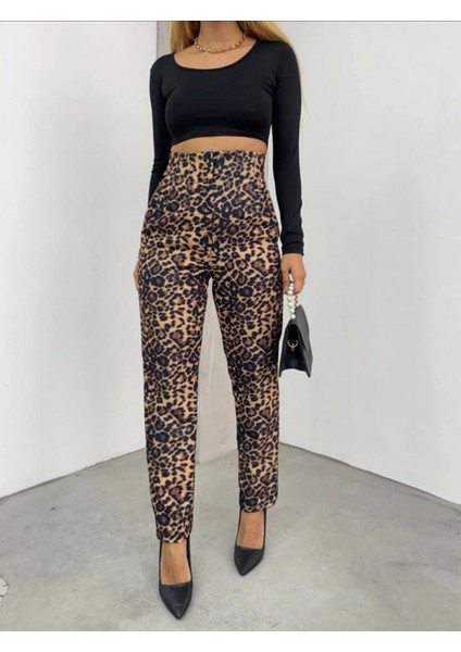 Zr Model Leopar Desenli Yüksek Bel Nervürlü Pantolon modelleri