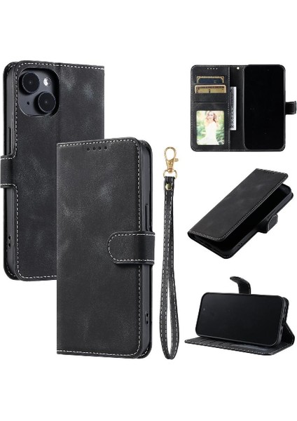 IPhone 15 Için Flip Case Artı Cüzdan Kart Yuvaları Kickstand Bilek Kayışı Pu (Yurt Dışından)