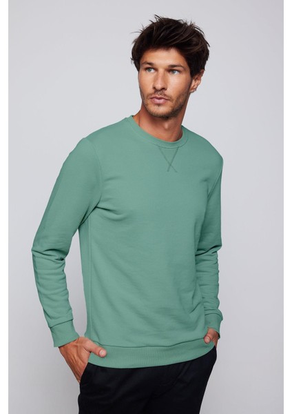 Unisex Relax Fit Rahat Kesim Pamuklu Basic Yeşil Bisiklet Yaka Sweatshirt