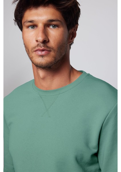 Unisex Relax Fit Rahat Kesim Pamuklu Basic Yeşil Bisiklet Yaka Sweatshirt