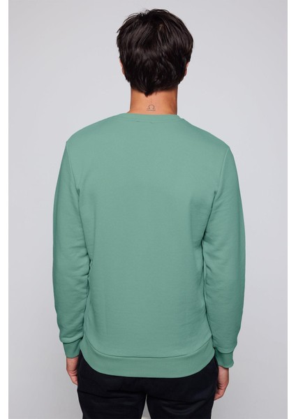 Unisex Relax Fit Rahat Kesim Pamuklu Basic Yeşil Bisiklet Yaka Sweatshirt