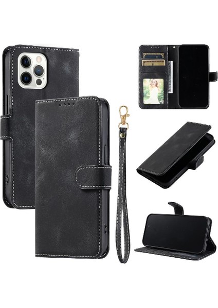 IPhone 12 Için Flip Case Pro Max Kickstand Bilek Kayışı Manyetik Cüzdan Kart (Yurt Dışından)