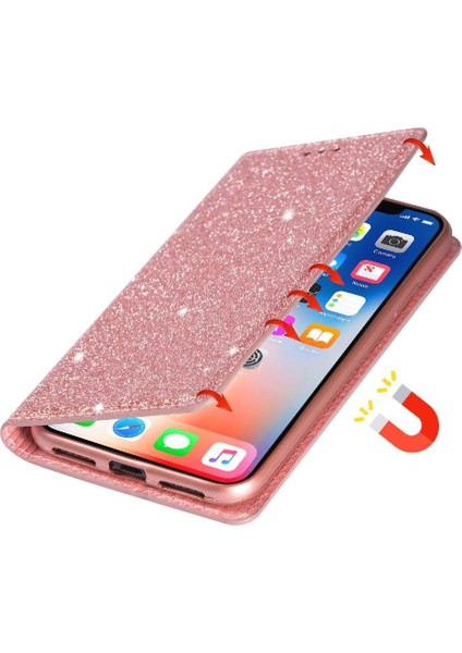 IPhone 12 Kart Tutucu Manyetik Kapatma Pu Deri Için Glitter Flip Case (Yurt Dışından)