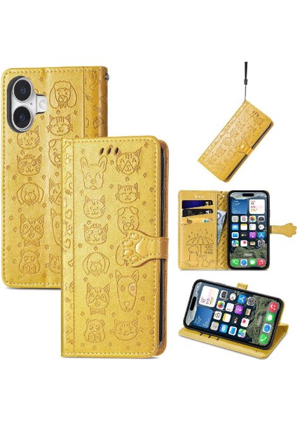 IPhone 16 Için Kılıf Kısa Kayış Deri Kılıf Kapak Kapak Karikatür Hayvanlar (Yurt Dışından)