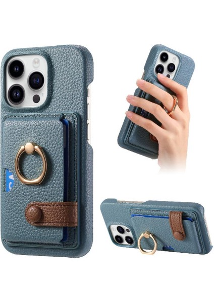 IPhone 16 Için Kılıf Pro Max Premium Dokulu Deri Kart Yuvaları Halka Standı (Yurt Dışından)
