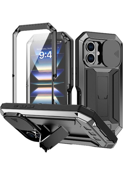 IPhone 16 Için Metal Standı Telefon Kılıfı Artı 360 Tam Vücut Koruyucu Kapak (Yurt Dışından)
