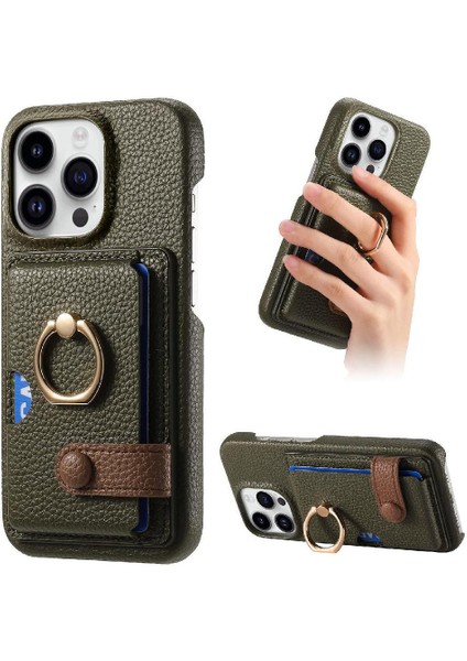 IPhone 16 Için Kılıf Pro Max Premium Dokulu Deri Kart Yuvaları Halka Standı (Yurt Dışından)