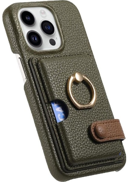 IPhone 16 Için Kılıf Pro Max Premium Dokulu Deri Kart Yuvaları Halka Standı (Yurt Dışından)