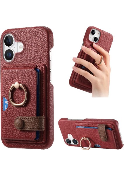 IPhone 16 Için Kılıf Artı Halka Standı Kart Yuvaları Premium Dokulu Deri (Yurt Dışından)