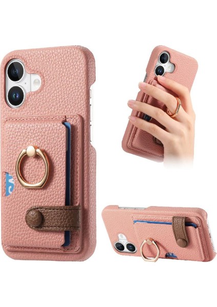 IPhone 16 Için Kılıf Halka Standı Kart Yuvaları Premium Dokulu Deri (Yurt Dışından)