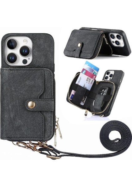 Iphone 16 Için Kılıf Pro Max Fermuar Kapatma 7 Kart Yuvaları Ayarlanabilir Kordon (Yurt Dışından)