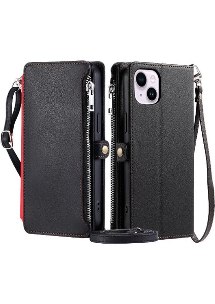 IPhone 14 Için Crossbody Durumda Artı Durumda Cüzdan 9 Kart Yuvaları Fermuar Faturaları (Yurt Dışından)