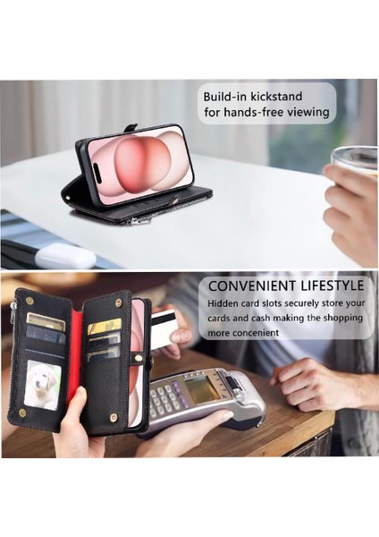 IPhone 14 Için Crossbody Durumda Artı Durumda Cüzdan 9 Kart Yuvaları Fermuar Faturaları (Yurt Dışından)