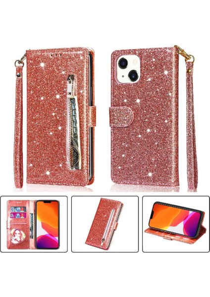 IPhone 14 Için Fermuar Cep Durumda Artı Pu Deri Kart Tutucu Glitter Vaka (Yurt Dışından)