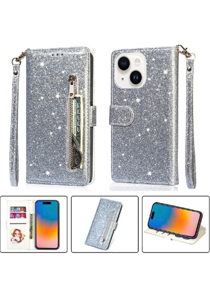 IPhone 15 Için Fermuar Cep Durumda Artı Glitter Cüzdan Kılıf Manyetik Pu (Yurt Dışından)