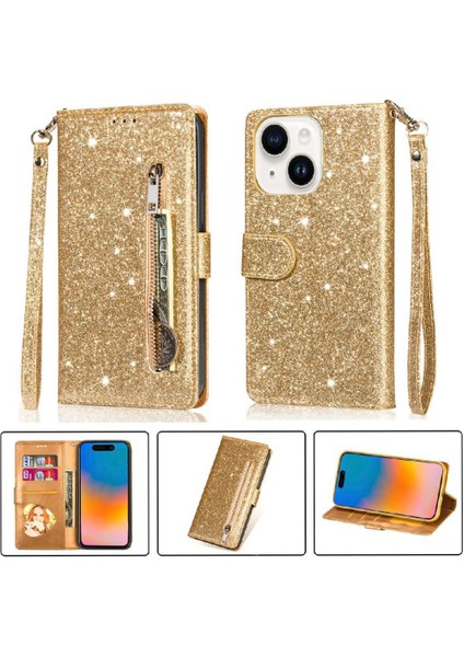 IPhone 15 Için Fermuar Cep Durumda Artı Glitter Cüzdan Kılıf Manyetik Pu (Yurt Dışından)