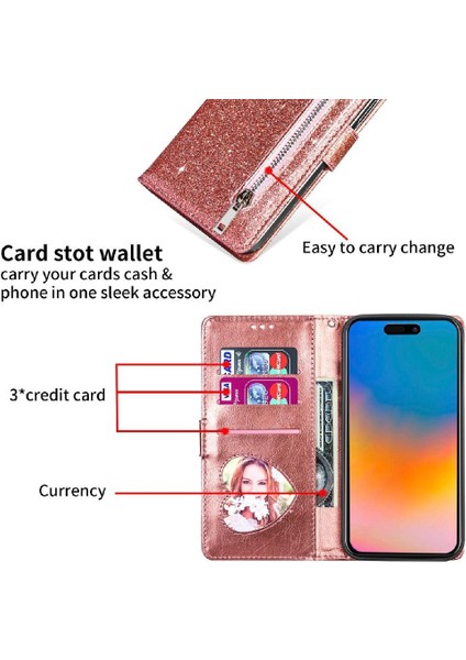 IPhone 15 Pro Pu Deri Manyetik Kapatma Glitter Için Fermuarlı Cebi Durumda (Yurt Dışından)