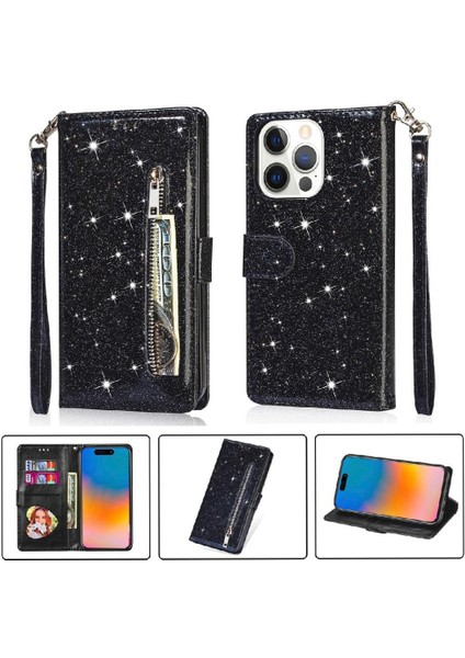 IPhone 15 Pro Pu Deri Manyetik Kapatma Glitter Için Fermuarlı Cebi Durumda (Yurt Dışından)