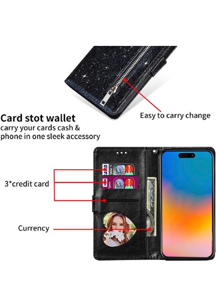 IPhone 15 Pro Pu Deri Manyetik Kapatma Glitter Için Fermuarlı Cebi Durumda (Yurt Dışından)