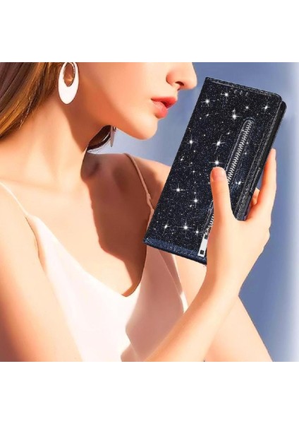IPhone 15 Pro Pu Deri Manyetik Kapatma Glitter Için Fermuarlı Cebi Durumda (Yurt Dışından)