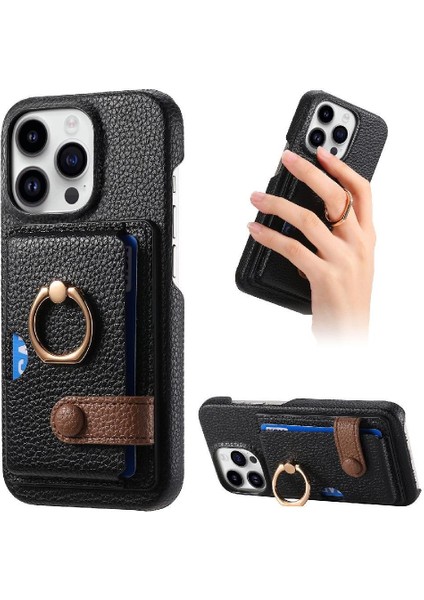 IPhone 16 Için Kılıf Pro Max Premium Dokulu Deri Kart Yuvaları Halka Standı (Yurt Dışından)