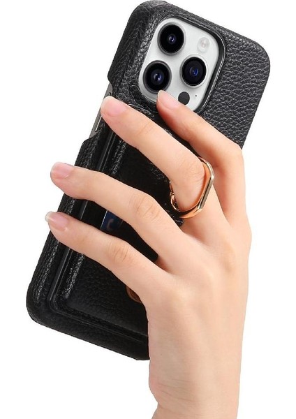 IPhone 16 Için Kılıf Pro Max Premium Dokulu Deri Kart Yuvaları Halka Standı (Yurt Dışından)