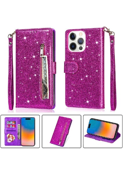 IPhone 15 Pro Pu Deri Manyetik Kapatma Glitter Için Fermuarlı Cebi Durumda (Yurt Dışından)