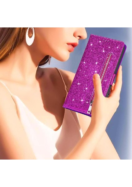 IPhone 15 Pro Pu Deri Manyetik Kapatma Glitter Için Fermuarlı Cebi Durumda (Yurt Dışından)