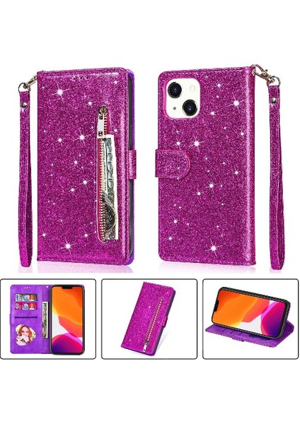IPhone 14 Için Fermuar Cep Durumda Artı Pu Deri Kart Tutucu Glitter Vaka (Yurt Dışından)