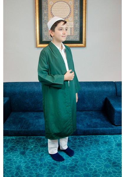 Yeşil Buhara Yaka Namaz Elbisesi Erkek Çocuk Cübbe
