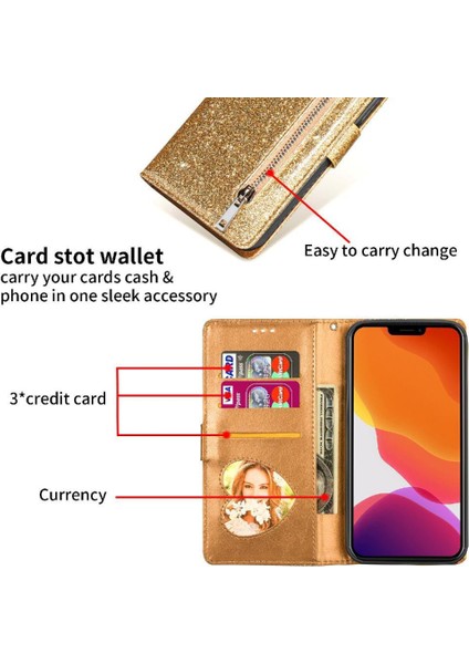 IPhone 14 Için Fermuar Cep Durumda Artı Pu Deri Kart Tutucu Glitter Vaka (Yurt Dışından)