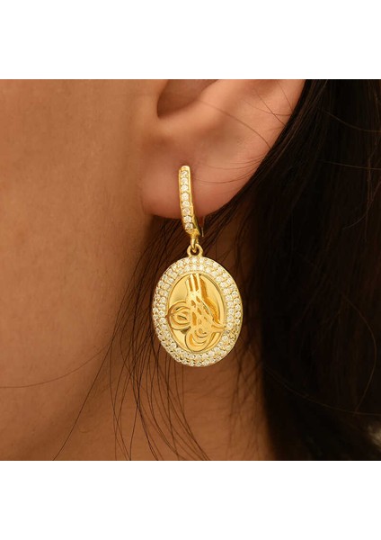 Gümüş Tuğralı Oval Küpe