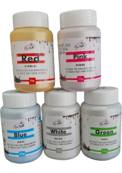 5 Li Set Mavi / Yeşil / Kırmızı / Beyaz / Pembe Yağ Bazlı Toz Gıda Boya 25GR