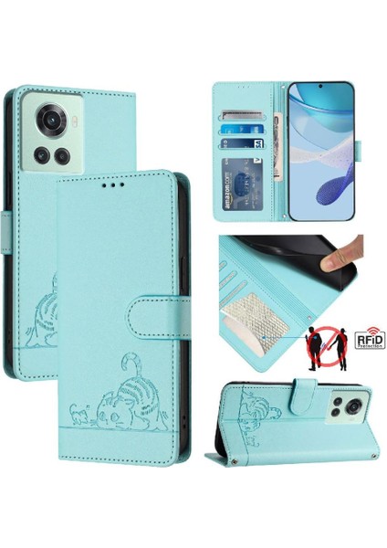 Oneplus 10R Kedi Rfıd Cüzdan Kapak Çevirin Kart Yuvası Tutucu Kickstand (Yurt Dışından)
