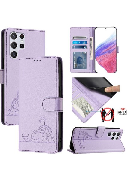 Samsung Galaxy S23 Ultra Cüzdan Kapak Çevirin Kedi Rfıd Kart Yuvası (Yurt Dışından)