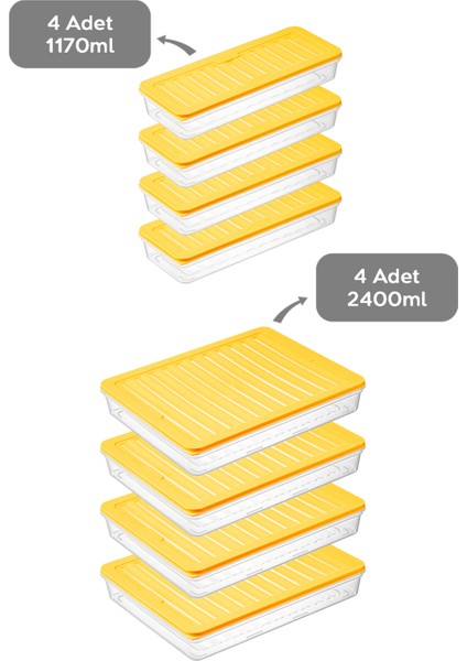 8'li Saklama Kabı, Mikrodalga Uyumlu Erzak Saklama Kabı Sarı 4X2400 Ml- 4X1170 ml fiyatları