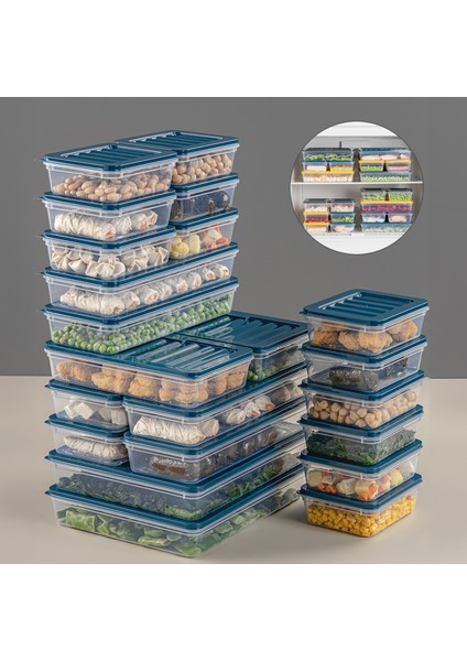 22 Parça Saklama Kabı , Mikrodalga Uyumlu Saklama Kabı 2X2400ML 2X1200ML 6X1170ML 12X600ML Petrol