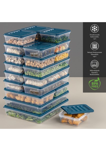 22 Parça Saklama Kabı , Mikrodalga Uyumlu Saklama Kabı 2X2400ML 2X1200ML 6X1170ML 12X600ML Petrol modelleri