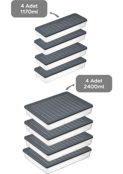 8'li Saklama Kabı , Mikrodalga Uyumlu Erzak Saklama Kabı Antrasit 4X2400 Ml- 4X1170 ml
